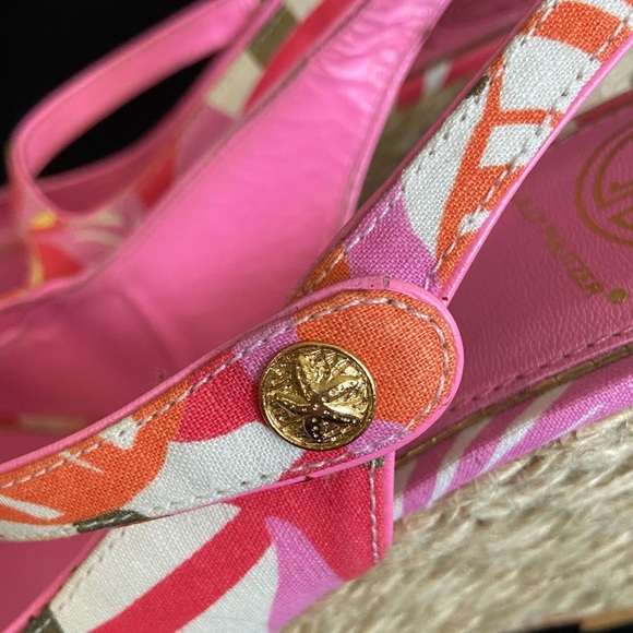 Lilly Pulitzer Espadrille Sling Back Wedge Logo Pink Floral Peep Toe sz 9M - Picture 10 of 13